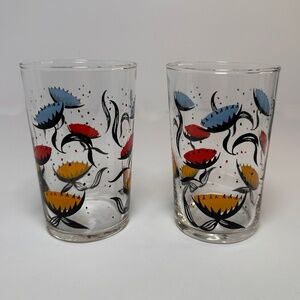 Mid Century Modern Hand-Painted Floral Glass Tumblers | Retro Atomic Barware |